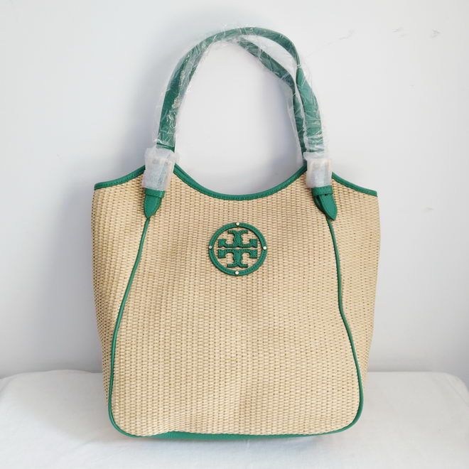 TORY BURCH 11139876 small slouchy tote Natural Straw/ Emerald City on  