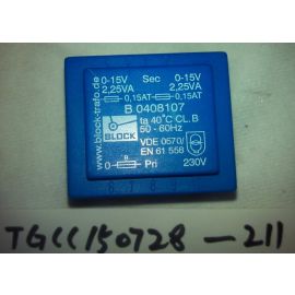 BLOCK B0408107 TRANSFORMER, 2.25VA, 230V to 2*(0-15V)